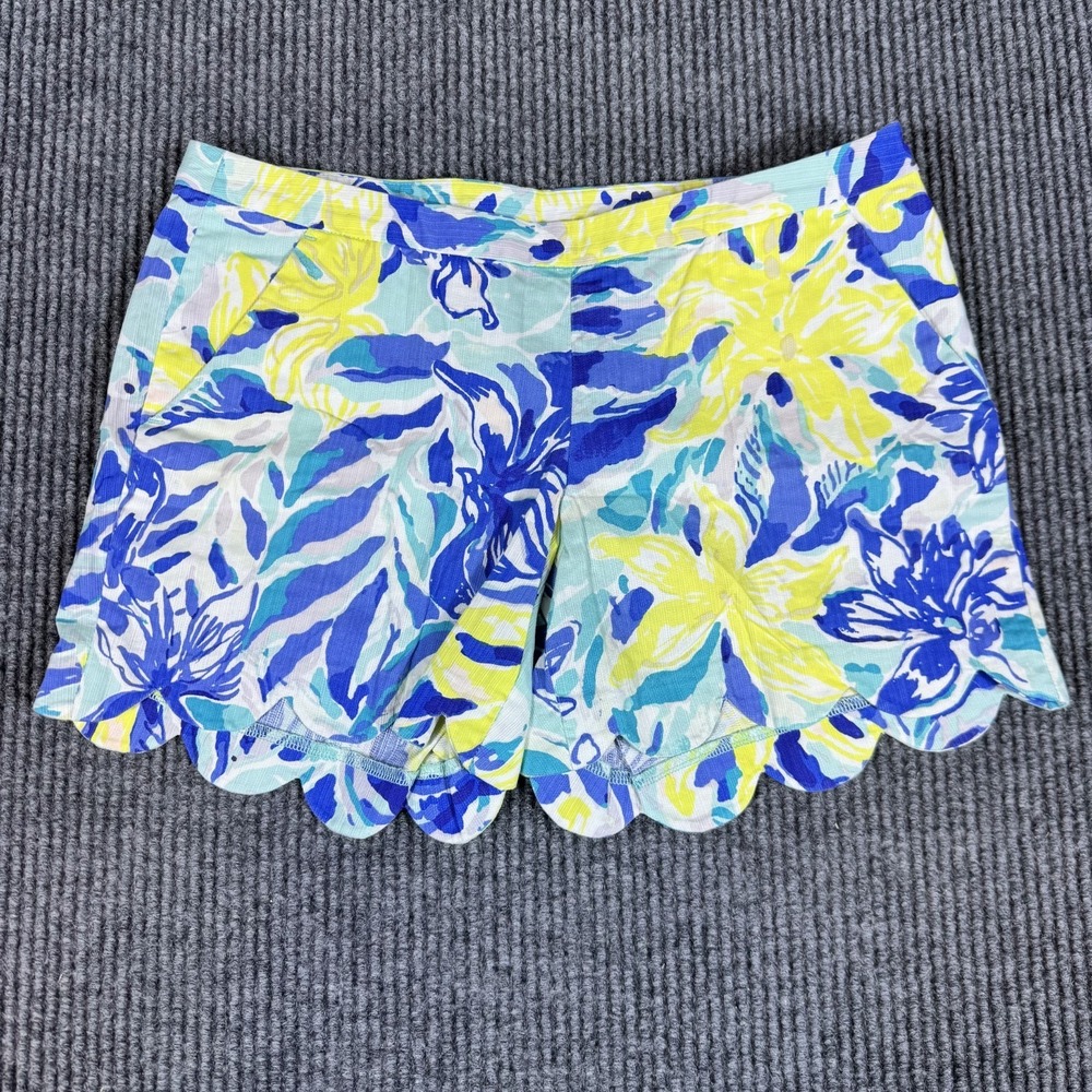 Lilly Pulitzer‎ Magnolia Shorts Womens 2 Blue Yellow Ylang Ylang Love Scalloped